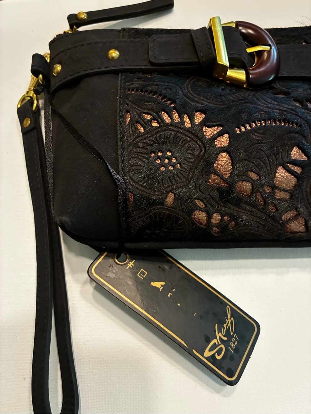 Sharif Legacy NWT Nubuck
Leather Wristlet Mini Bag Black &Gold - Picture 3 of 15